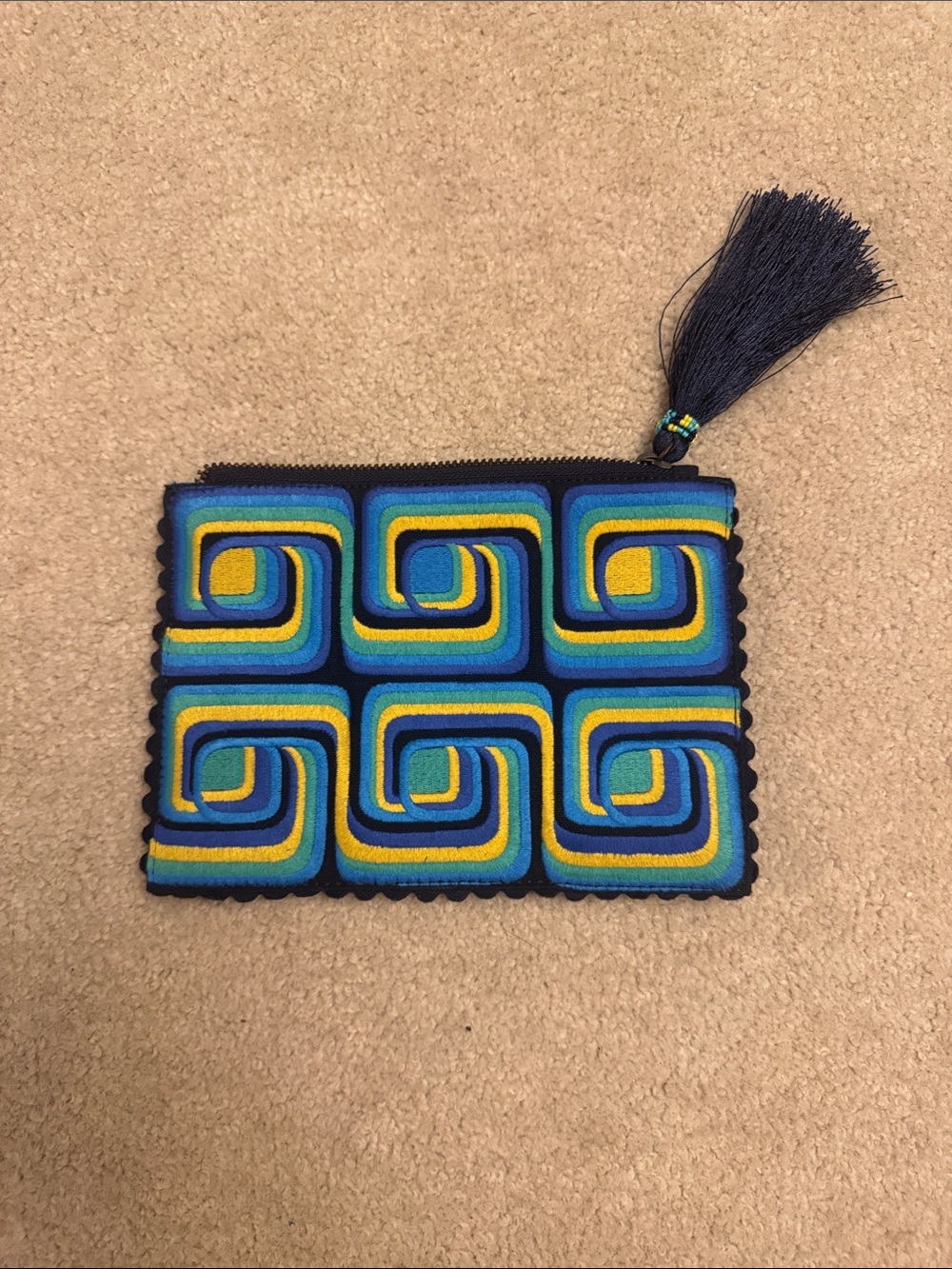 Boden Blue Yellow Geometric Embroidered Wristlet